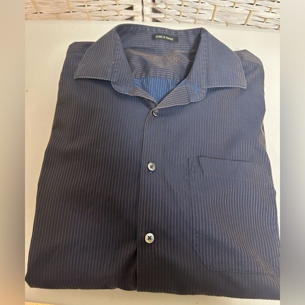 Louis Philippe Gods and Kings men’s‎ dress shirt navy with brown/gold pinstripes